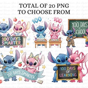 Op de afbeelding: Een verzameling van 20 PNG-afbeeldingen met blauwe en roze cartoonfiguren die "100 Dagen School" vieren. De afbeeldingen bevatten personages die borden vasthouden met de tekst "100 Dagen Slimmer", "100 Dagen Plezier" en "100 Dagen Leren".