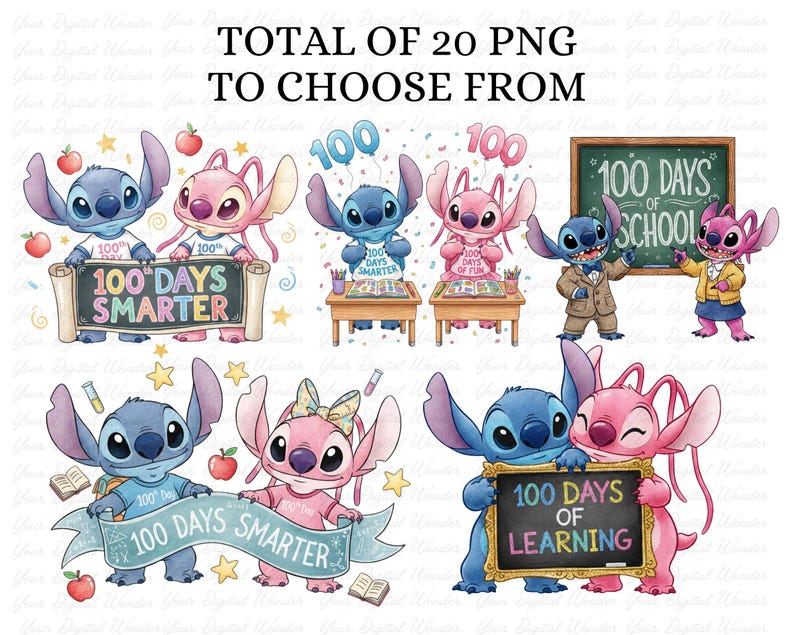 Op de afbeelding: Een verzameling van 20 PNG-afbeeldingen met blauwe en roze cartoonfiguren die "100 Dagen School" vieren. De afbeeldingen bevatten personages die borden vasthouden met de tekst "100 Dagen Slimmer", "100 Dagen Plezier" en "100 Dagen Leren".