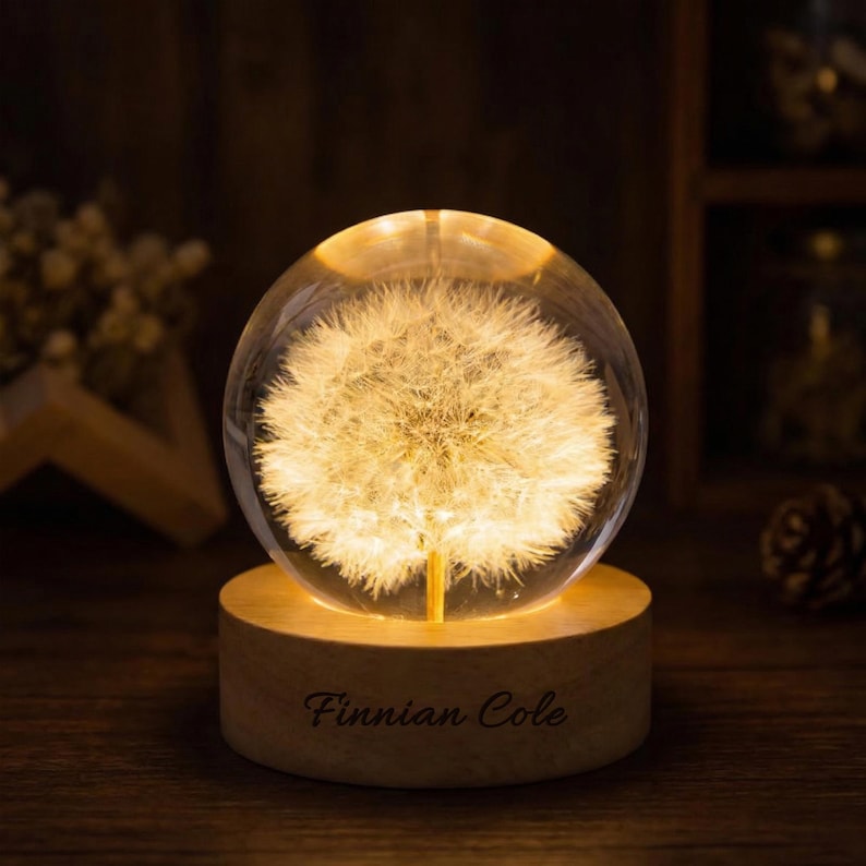 May include: A clear glass sphere with a dandelion design illuminated by a warm light. The sphere sits on a wooden base engraved with the name "Finnian Cole". The overall aesthetic is warm and inviting.