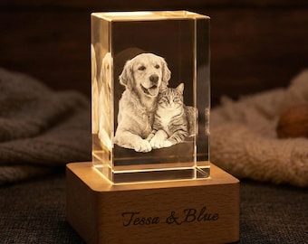 Personalized Rectangle Crystal Photo with LED Light Base, Custom Engraved Pet Photo Portrait, Dog Cat Memorial Gift, Anniversary Gift