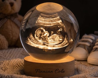 Personalized Ultrasound Crystal Ball Lamp With Engraved Wood Base, Baby Sonogram Keepsake, Pregnancy Reveal Gift, Nursery Night Light