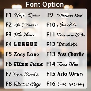 May include: A white background displays a variety of font options labeled F1 through F16. Each font is shown with a sample name, including Harper Quinn, Leo Phoenix, and LEAGUE. The text "Font Option" is at the top.