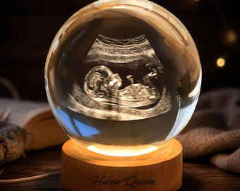 Personalized Ultrasound Crystal Ball Lamp With Engraved Wood Base, Baby Sonogram Keepsake, Pregnancy Reveal Gift, Nursery Night Light