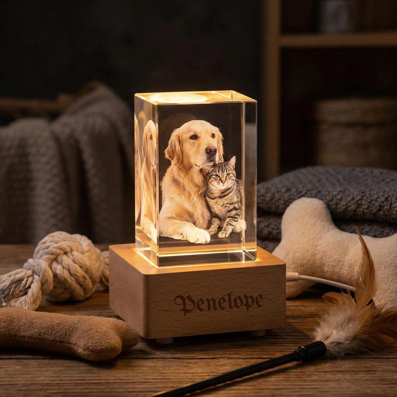 K&ouml;nnte beinhalten: Ein beleuchteter Kristallblock mit einem Golden Retriever und einer getigerten Katze. Der Block steht auf einem Holzsockel mit dem eingravierten Namen "Penelope". Die Lampe ist von Spielzeug f&uuml;r Haustiere umgeben.