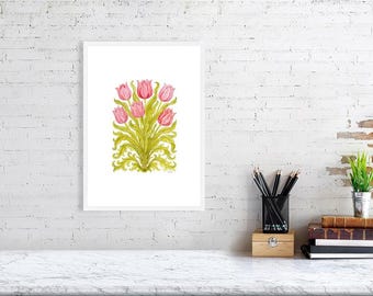 Tulipe Rêverie – Collection Botanique Rêverie | Impression botanique tulipe rose | Décoration murale florale Cottagecore élégante - Blanc porcelaine