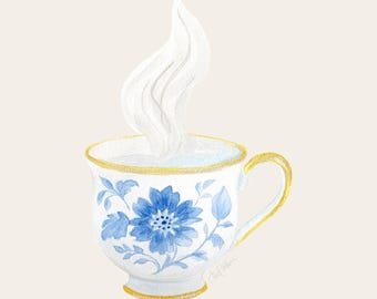 Impression tasse à thé en porcelaine bleue | Art mural botanique chinoiserie | Illustration élégante en porcelaine bleue et blanche. Base en lin antique