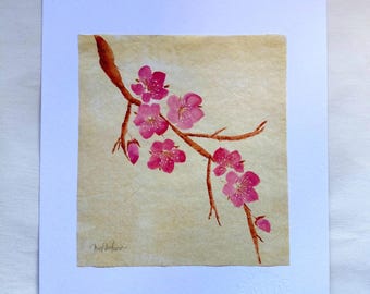« Murmure du printemps », peinture originale à la gouache | Fleurs de cerisier sur papier de riz doré | Décoration murale botanique | Œuvre originale signée