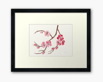 Branche de fleurs silencieuses - peinture d'art originale, gouache sur papier coton, botanique minimaliste japonais, fleurs roses tendres, A4