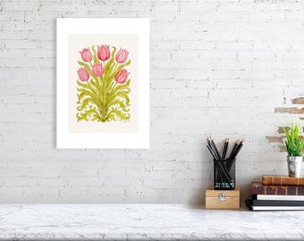Tulipe Rêverie – Collection Botanique Rêverie | Impression botanique tulipe rose | Floral Cottagecore élégant - Blanc chaud très clair, sol