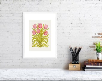 Tulipe Rêverie – Collection Botanique Rêverie | Impression botanique tulipe rose | Décoration murale florale Cottagecore élégante - lin chaud