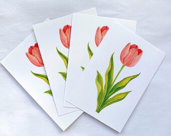 Lot de 4 cartes de vœux botaniques à motif de tulipes | Illustrations florales peintes à la main sur papier coton | Cartes vierges | Fleurs de printemps