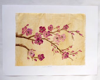 Cascade de fleurs, peinture originale à la gouache | Fleurs de cerisier sur papier de riz doré | Décoration murale botanique A3 | Œuvre originale signée