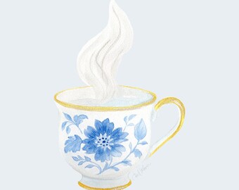 Impression tasse à thé en porcelaine bleue | Art mural botanique chinoiserie | Illustration élégante en porcelaine bleue et blanche. Doux porcelaine bleu sol