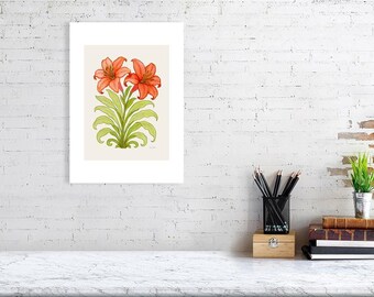Deux lys – Collection Rêverie botanique | Impression botanique élégante Lily | Art mural floral d'inspiration vintage - Toile de lin antique