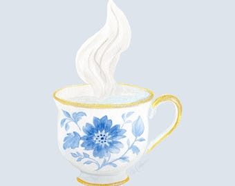Impression tasse à thé en porcelaine bleue | Art mural botanique chinoiserie | Illustration élégante en porcelaine bleue et blanche. Gris-bleu brumeux au sol