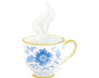 Impression tasse à thé en porcelaine bleue | Art mural botanique chinoiserie | Illustration élégante en porcelaine bleue et blanche. Porcelaine Blanc Broyé