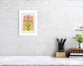 Tulipe Rêverie – Collection Botanique Rêverie | Impression botanique tulipe rose | Décoration murale florale Cottagecore élégante - Parchemin rose poudré