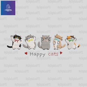 Happy Cat Embroidery Design, Cute Cat Embroidery File, Animal Embroidery Machine File, Instant Download, Includes 3 Sizes