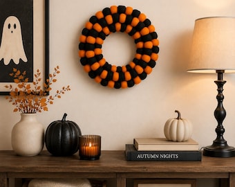 Black and Orange Halloween Pom Pom Wreath