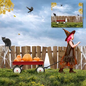 May include: A young person in a witch costume pulls a red wagon filled with pumpkins. A black cat sits on a wooden fence, and a crow flies overhead. The scene is set in a grassy field with a cloudy sky.