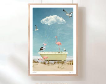 Tropical Bird Art Print Whimsical Coastal Wall Art Beach House or Bathroom Decor Seaside Artwork