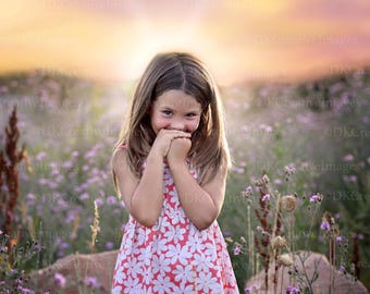 Magical Sunset Flower Field Background Digital Overlay for Greeting Cards & Portrait Template