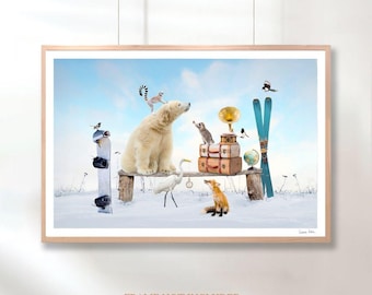 Whimsical Winter Animal Art Print Ski Lodge & Cabin Wall Decor Mountain Home Artwork