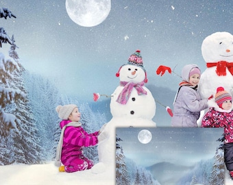 Winter Wonderland Digital Background Snowy Forest Holiday Backdrop Christmas Card Photo Template & Photoshop Overlay