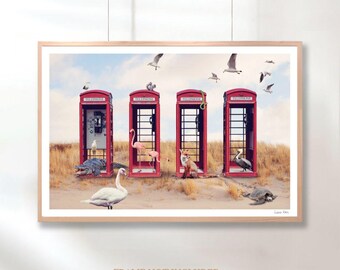Red Phone Booth Beach Print Tropical Wildlife Coastal Wall Art