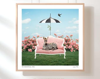 Whimsical Zebra Art Print Square Wall Art Playful Animal Artwork for Living Room, Office, or Gallery Decor