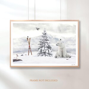 Polar Bear Winter Art Print Snowy Mountain Wildlife Scene Whimsical Giclee Wall Decor
