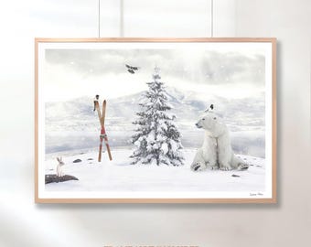 Polar Bear Winter Art Print Snowy Mountain Wildlife Scene Whimsical Giclee Wall Decor
