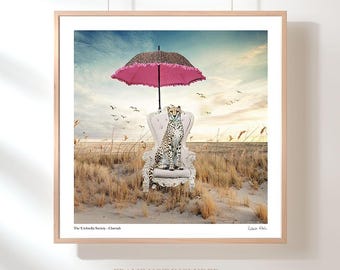 Whimsical Animal Art Print Cheetah with Umbrella Safari-Inspired Wall Decor for Modern Home