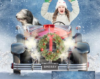 Vintage Christmas Car Digital Background Holiday Photo Greeting Card Instant Download