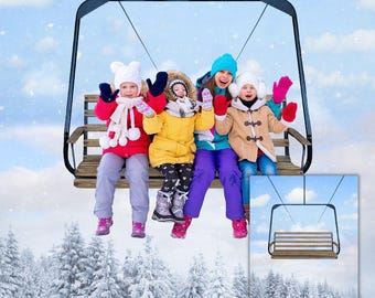 Ski Chairlift Digital Background Winter Family Photo Overlay JPG Template