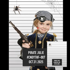 May include: A child dressed as a pirate, holding a toy gun, with a black and white striped bandana and a skull and crossbones patch. The image includes a spider and a sign that reads "PIRATE JULIE #CNDYTHF-007 OCT.31.2025".