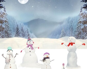 Winter Scene Snow Background & Snowman PNG Overlays Digital Download