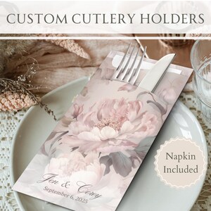 Personalisierte Hochzeitsbesteckhalter mit Premium-Servietten | Empfang, Bridal Shower Decor, Ideen, Design, Verlobung, Geschirr, Kuchen