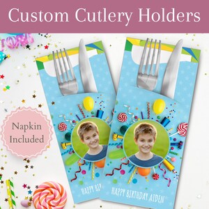 Personalisierte Geburtstagsbesteckhalter mit Premium-Servietten | Alles Gute zum Geburtstag, Party Decor, Ideen, Geschirr, Feier, Zubehör, Geschenke