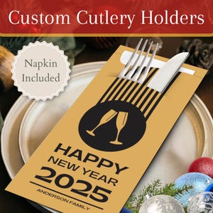 Personalisierte Silvesterbesteckhalter mit Premium-Servietten | Silvester, Abendessen, Design, Geschenk, Ideen, Dekor, Utensil, Andenken, Einladung