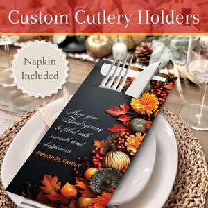 Porta-talheres personalizados para o Dia de Ação de Graças com guardanapos premium | Jantar, Design, Mesa, Presente, Ideias, Decoração, Cartões, Lembrança, Convite