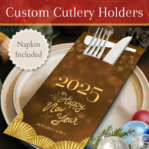 Personalisierte Silvesterbesteckhalter mit Premium-Servietten | Silvester, Abendessen, Design, Geschenk, Ideen, Dekor, Utensil, Andenken, Einladung