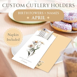 Personalisierte Geburtsblumenbesteckhalter mit Premium-Servietten, alles Gute zum Geburtstag-Partydekor, Oma-Geburtsmonat, Muttertagsgeschenkgeschirr