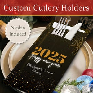 Personalisierte Silvesterbesteckhalter mit Premium-Servietten | Silvester, Abendessen, Design, Geschenk, Ideen, Dekor, Utensil, Andenken, Einladung