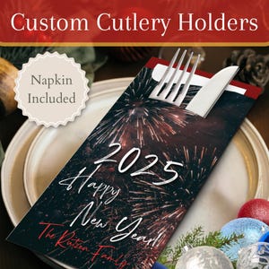 Personalisierte Silvesterbesteckhalter mit Premium-Servietten | Silvester, Abendessen, Design, Geschenk, Ideen, Dekor, Utensil, Andenken, Einladung