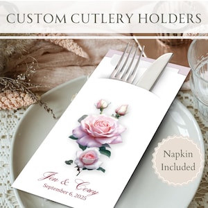 Personalisierte Hochzeitsbesteckhalter mit Premium-Servietten | Empfang, Bridal Shower Decor, Ideen, Design, Verlobung, Geschirr, Kuchen
