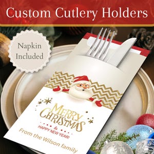 Personalisierte Weihnachtsbesteckhalter mit Premium-Servietten | Tischbild, Ideen, Tischdekoration, Andenken, Herbstdekoration, Weihnachtsfeier