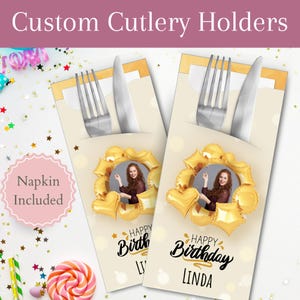Personalisierte Geburtstagsbesteckhalter mit Premium-Servietten | Alles Gute zum Geburtstag, Party Decor, Ideen, Geschirr, Feier, Zubehör, Geschenke