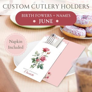 Personalisierte Geburtsblumenbesteckhalter mit Premium-Servietten, alles Gute zum Geburtstag-Partydekor, Oma-Geburtsmonat, Muttertagsgeschenkgeschirr