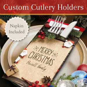 Personalisierte Weihnachtsbesteckhalter mit Premium-Servietten | Tischbild, Ideen, Tischdekoration, Andenken, Herbstdekoration, Weihnachtsfeier